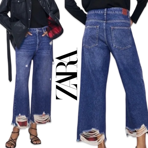 ZARA High Rise Wide Leg Raw Crop - Plaid Detail - Dark Wash Jeans - SZ 0 - Picture 3 of 16